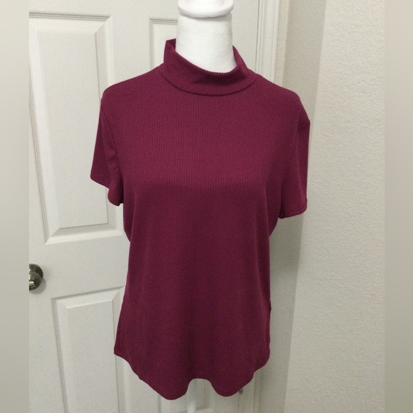 Express Ribbed Mock Neck Short Sleeve Tee Magenta Size L - Picture 7 of 10